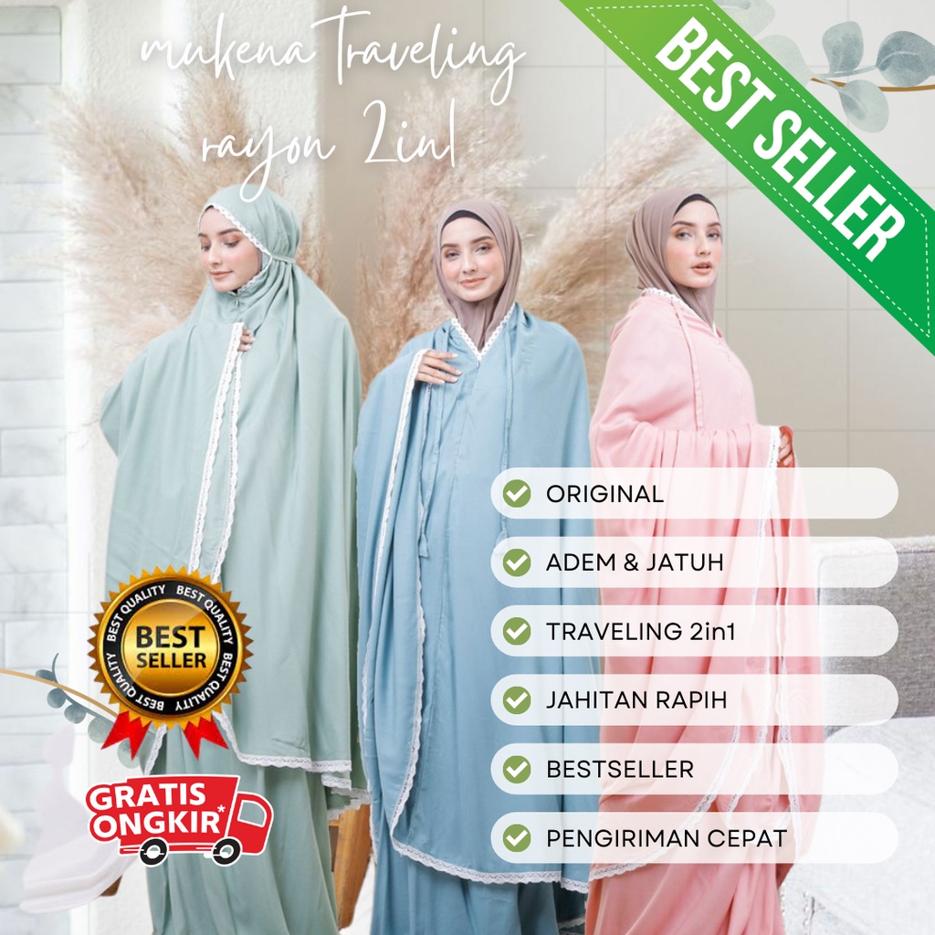 Mukena  Wanita Dewasa Traveling 2in1 Katun Rayon Polos Terbaru