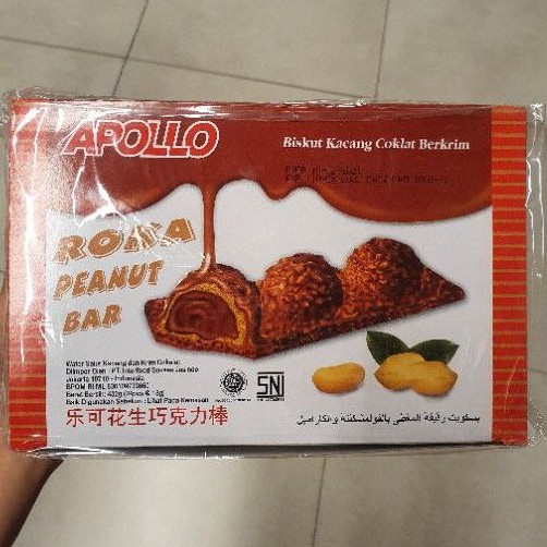 

Apollo ROKA PEANUT BAR biskuit kacang Coklat krim IMPORT MALAYSIA (isi 24/ box).