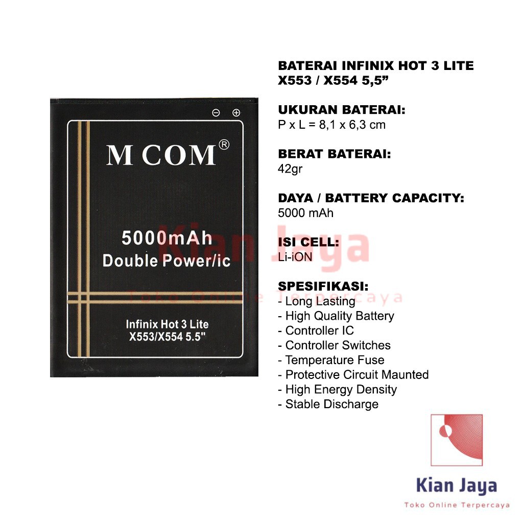 MCOM Baterai Hp Infinix Hot 3 Lite / X553 / X554 5.5 Inch Original Double Power Batre Battery Ori