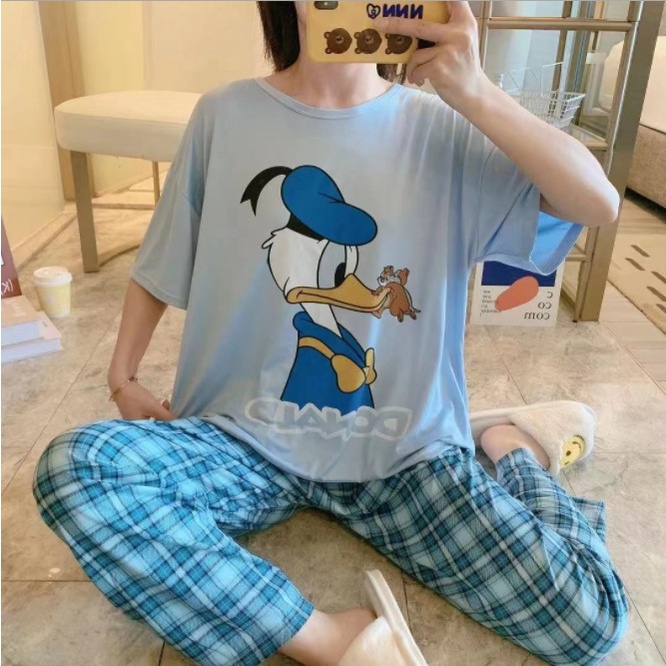 AJW Shop Baju Tidur Piyama Set 50 Motif | Setelan Wanita Import | Baju Tidur Wanita Dewasa | Piyama Wanita-Donald Biru