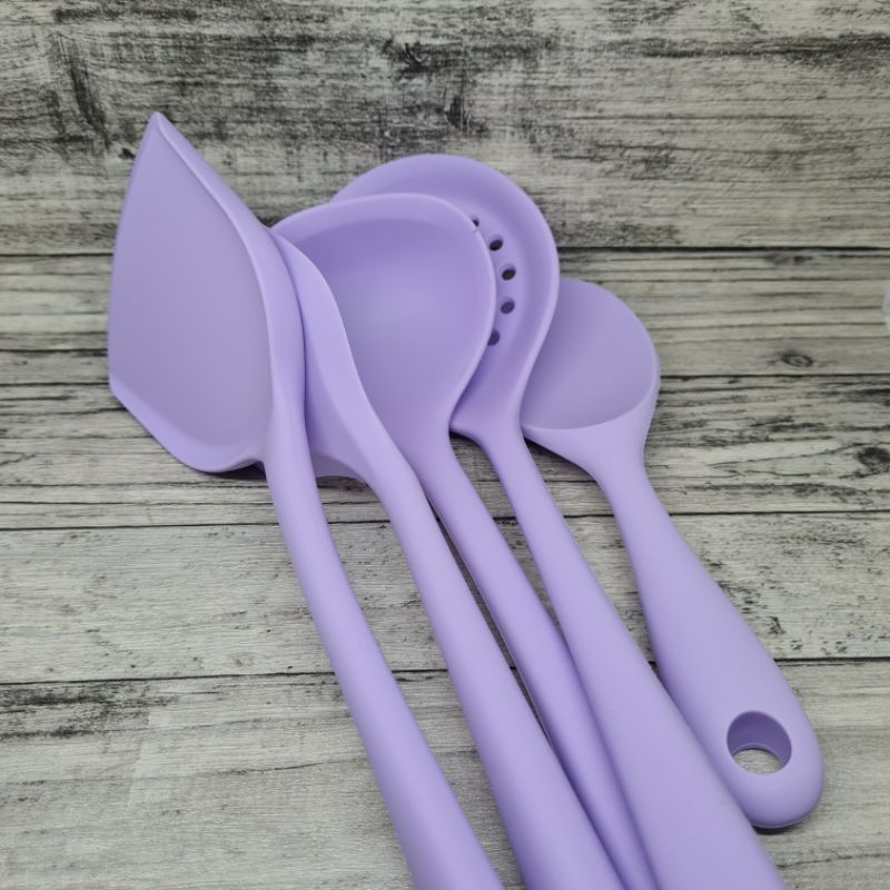 set 5pcs silicone cooking utensil / turner ladle skimmer rice spoon / set masak silikon tahan panas lilac pink tosca