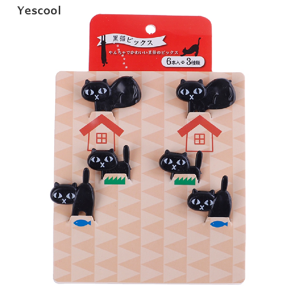 Yescool 6Pcs Tusuk Gigi Buahdessert Desain Kucing Hitam Untuk Dekorasi