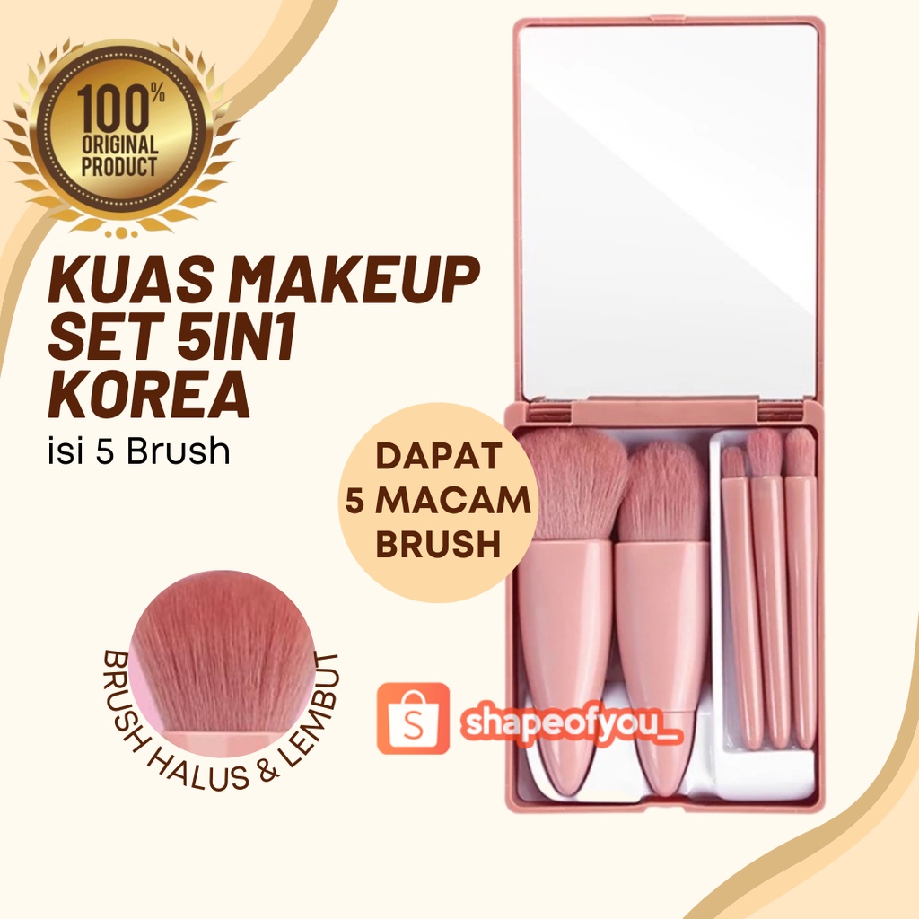 Kuas Rias Makeup Set 5in1 Premium Brush Lembut Desain Kekinian Ada Kaca Warna Coklat Kuas Rias Korea