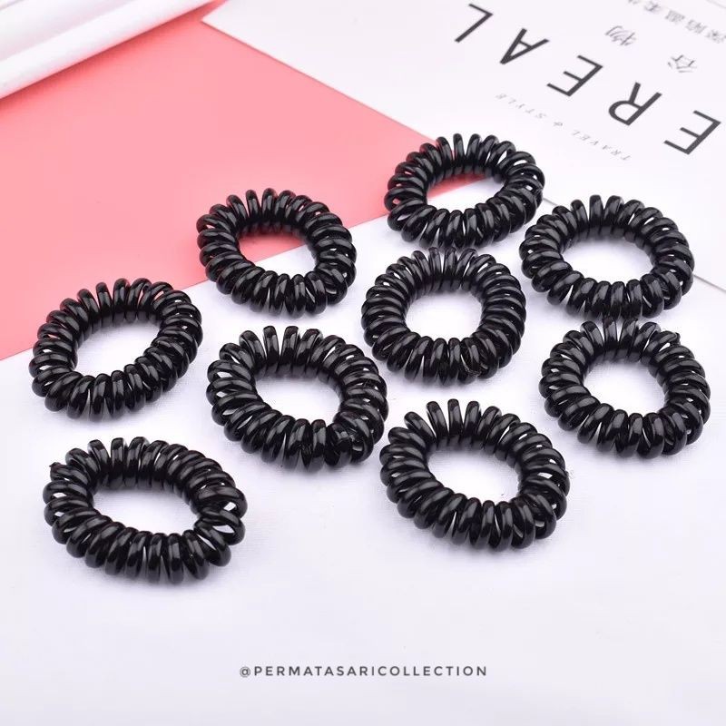 Ikat Rambut Elastis / Kunciran Spiral / Kuncir Kabel Telepon / Hair Ties Telephone Hitam Kecil Besar