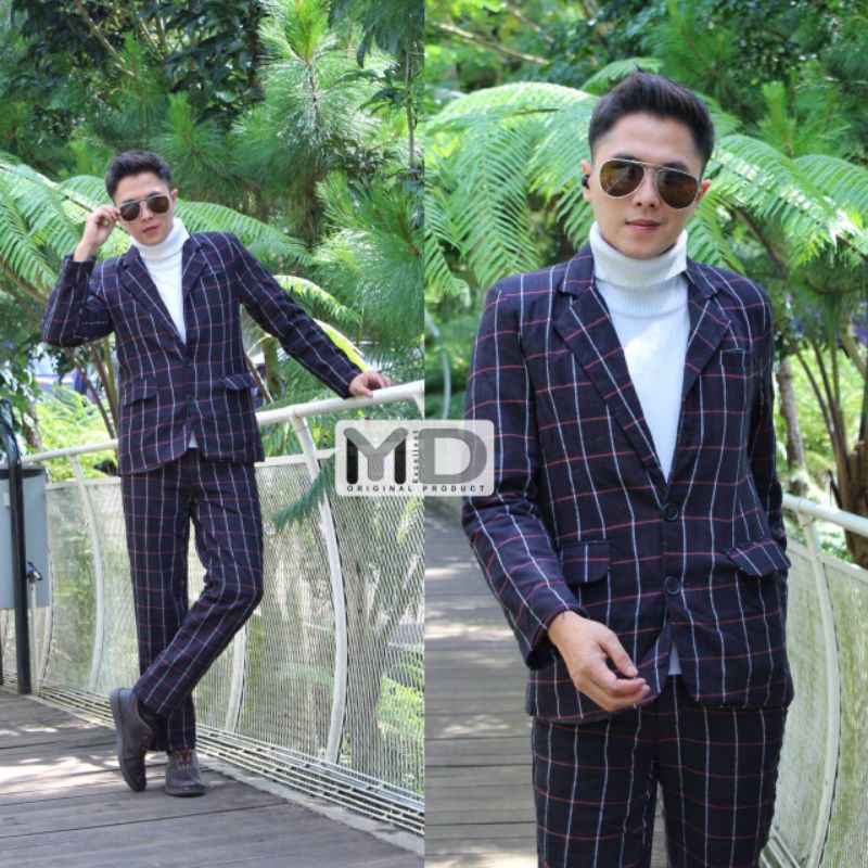 SETELAN BLAZER PRIA SEMI WOLL MOTIF KOTAK - ONESET JAZ BLAZER PRIA DEWASA (ATASAN+BAWAHAN)