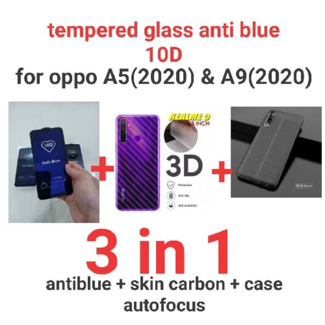 (3 in 1)Tempered glass Anti-Blue full + skin carbon + case autofocus