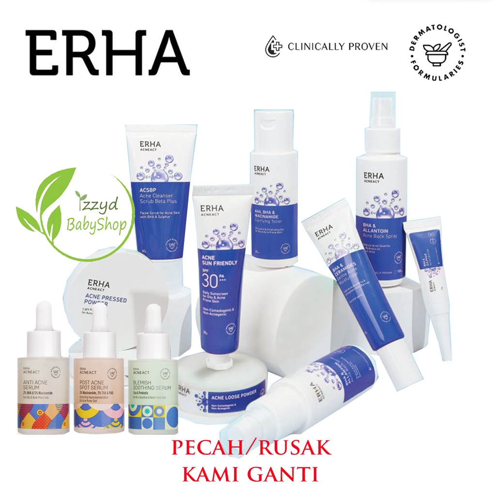 Erha Acneact -acne spot 10gr, back spray 60ml, acsbp cleanser scrub beta plus60gr, serum - obat jerawat, clearpad eksfoliasi