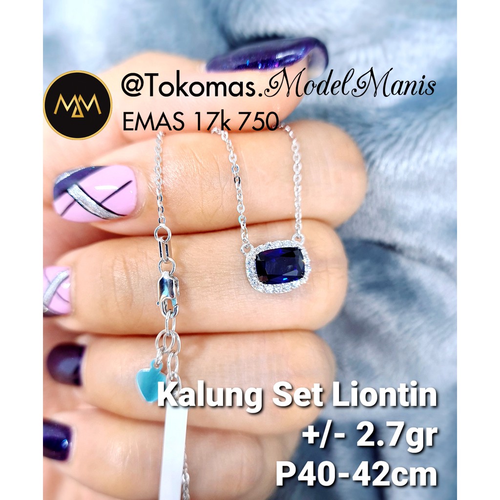 Kalung set liontin biru emas putih 750 kadar 17k