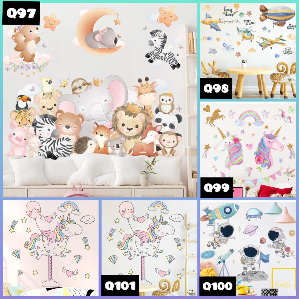 [GD] WALLSTICKER Q 97 98 99 100 101 STICKER DINDING TEMBOK KARAKTER KARTUN ROKET SINGA GAJAH KUDA