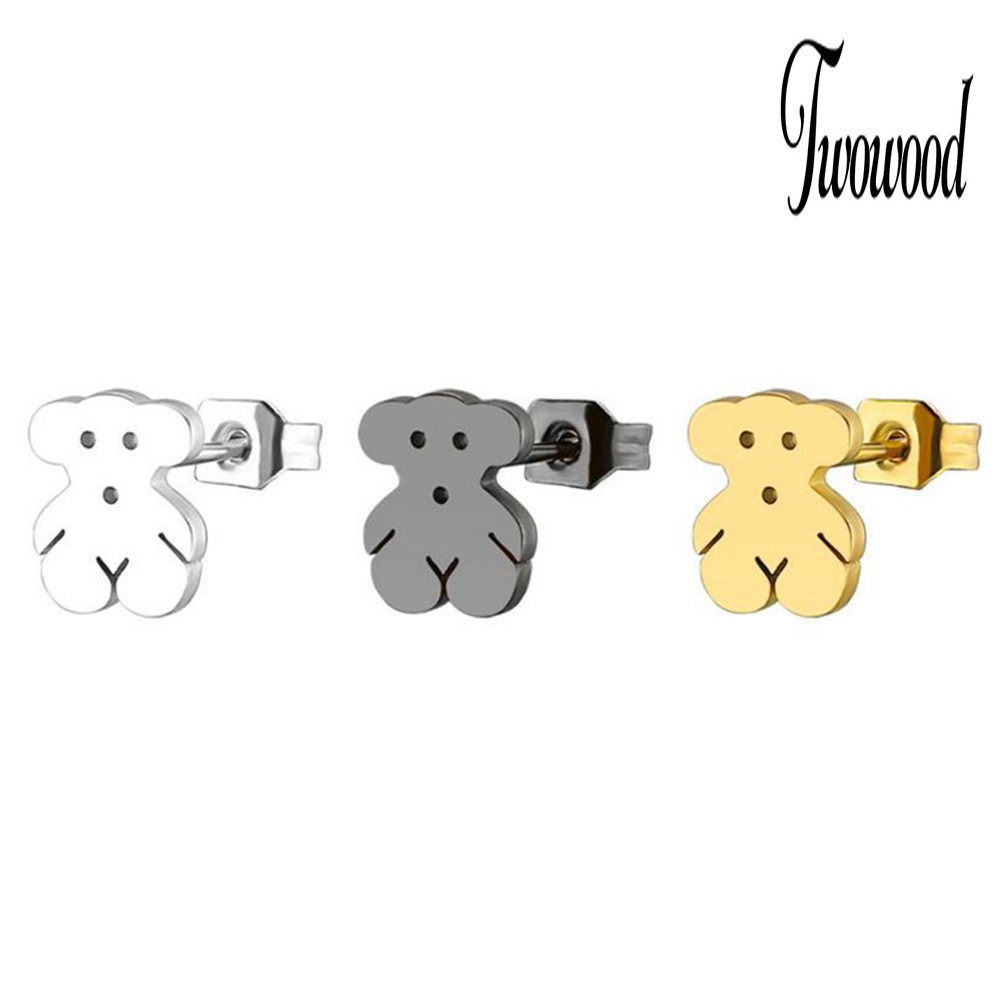 Anting Stud Bentuk Kartun Beruang Bahan Stainless Steel Untuk Wanita