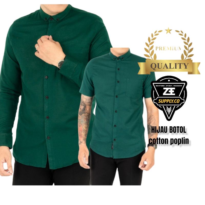 Kemeja / Hem Polos Pria Kasual Formal Warna Hijau Botol Lengan Panjang Pendek PREMIUM