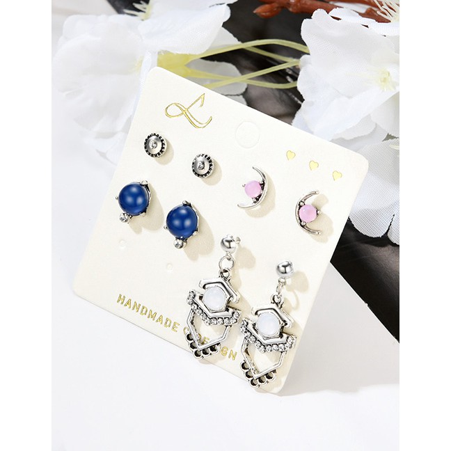 LRC Anting Set Fashion Silver Moon-studded Geometric Stud Earrings 4 Pairs F29786