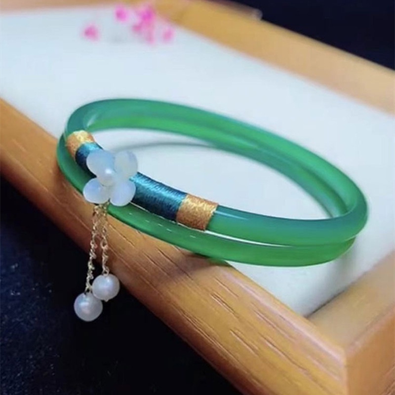 2pcs / set Gelang Tangan Manik-Manik Batu Jade Hetian Natural Untuk Wanita