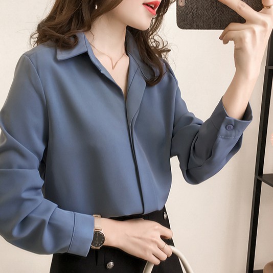 Versi Korea sederhana kemeja Lengan panjang wanita Atasan sifon Warna solid Tipis longgar-7