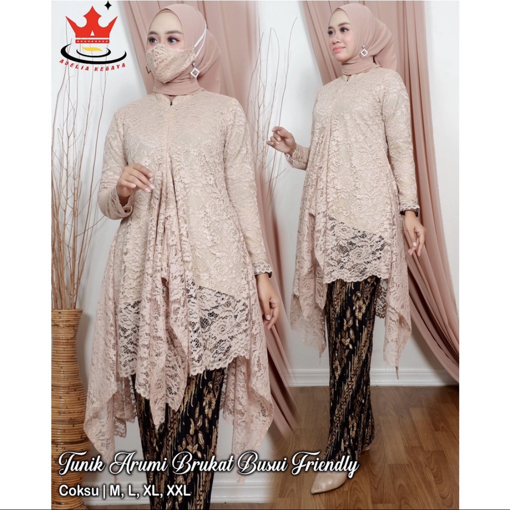 Setelan Kebaya Tunik Tulle Brukat Wanita Modern Outfit Gaun Kondangan Busui Friendly By Santiank kebaya