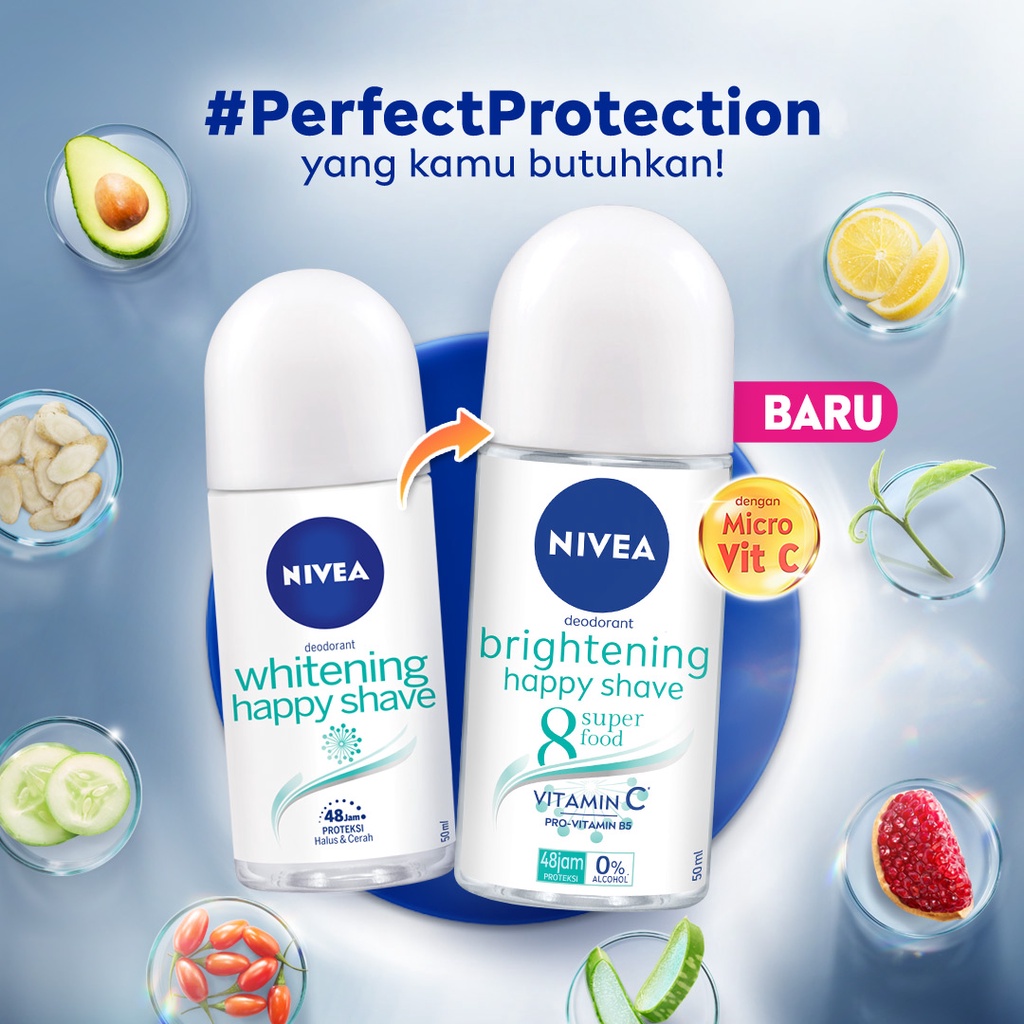 NIVEA Deodorant Roll On Brightening Happy Shave 25ml - Mencerahkan &amp; ketiak halus tanpa iritasi