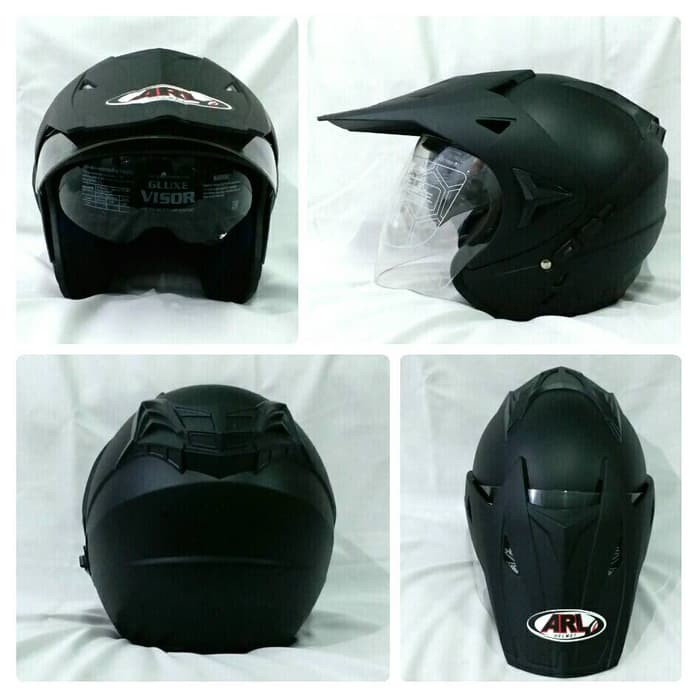 Helm Semi Cross Half Face Double Visor Hitam Doff Polos.