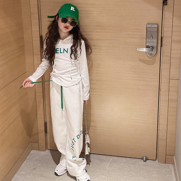 Setelan Hoodie Lengan Panjang Celana Sweatpants Putih Celine 7-18 Thn Anak Perempuan