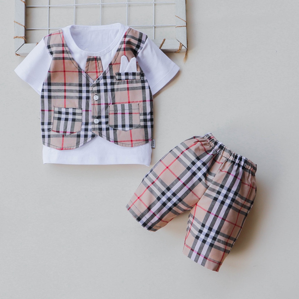 Setelan Baju Celana Anak Bayi Laki-laki Cowok Usia 0 Bulan - 3 Tahun Motif Rompi Dasi Burberry 02