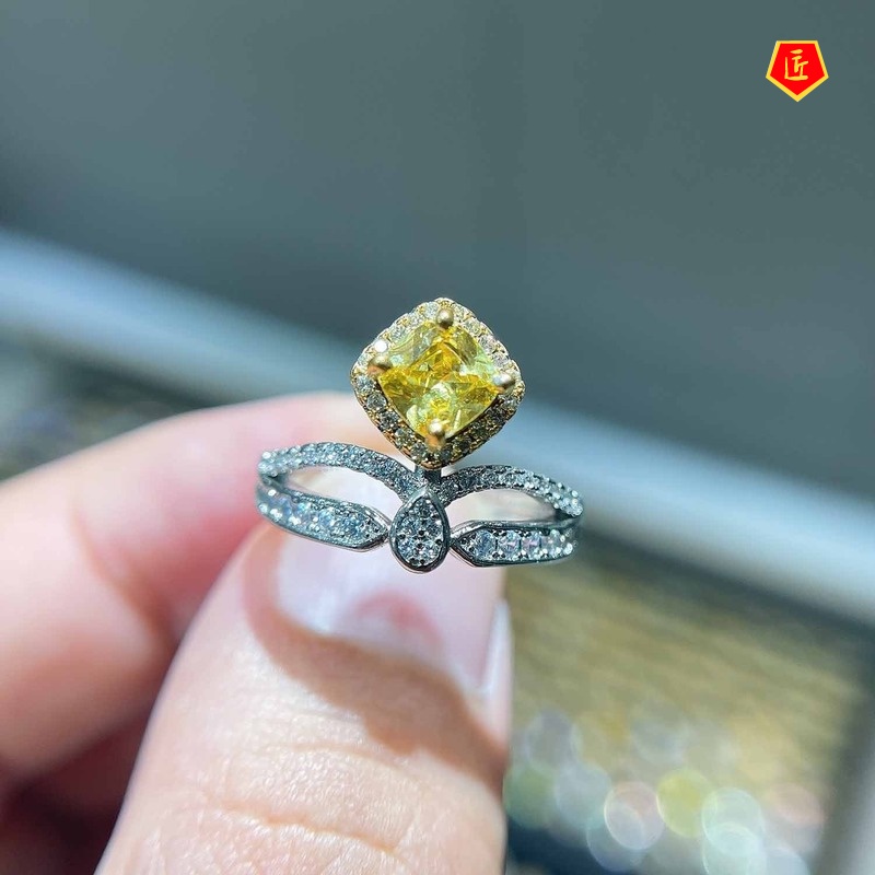 [Ready Stock]Classic Citrine Love Heart-Shaped Micro-Inlaid Crown Open Ring