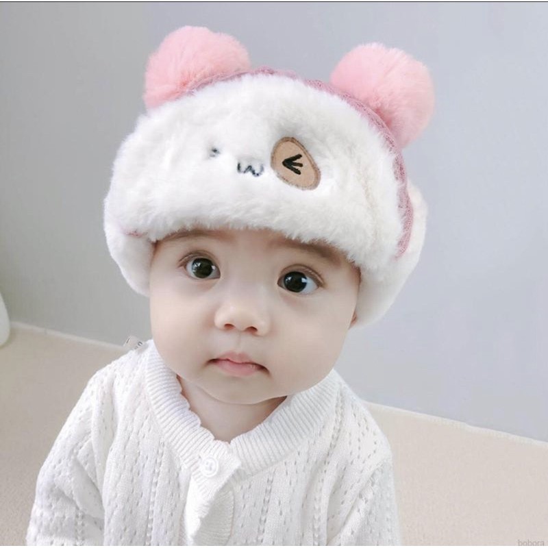 Topi Anak Penutup Telinga Bayi Bahan Velvet Tebal Wink