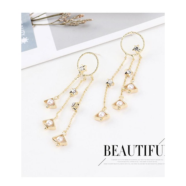 LRC Anting Tusuk Fashion 14k Gold Star Pearl Tassel Round Earrings Y63108