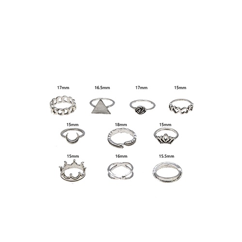 LRC Cincin Set Fashion Silver Flower Crown Love Heart Shape Alloy Ring Set A61274