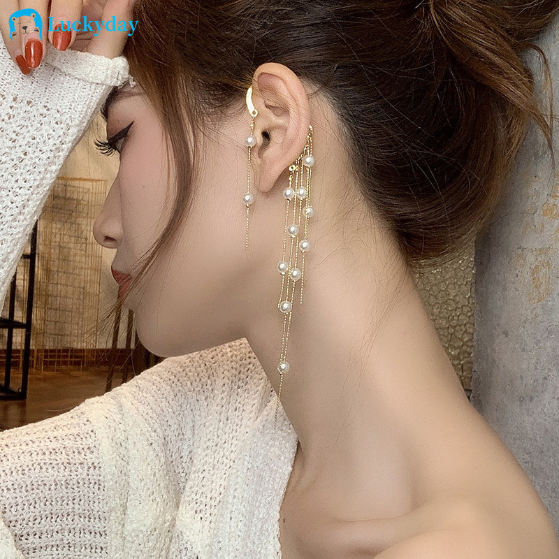 YEEZII Anting Rantai Rumbai Panjang Aksen Mutiara Gaya Retro Korea Untuk Wanita