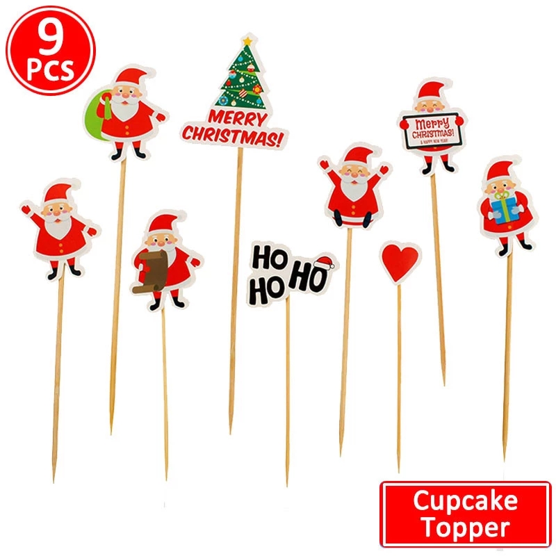 9pcs / Set Topper Kue Desain Kartun Santa Claus Bahan Kertas Untuk Dekorasi Natal