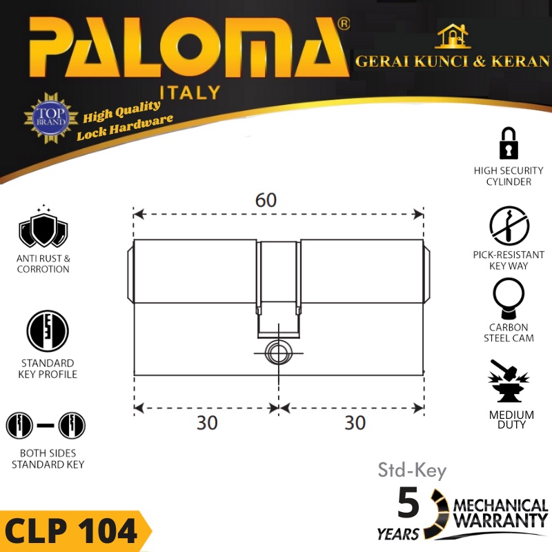 DOUBLE CYLINDER ANAK KUNCI PALOMA CLP 104 DC-SK  60mm STD KEY 6CM