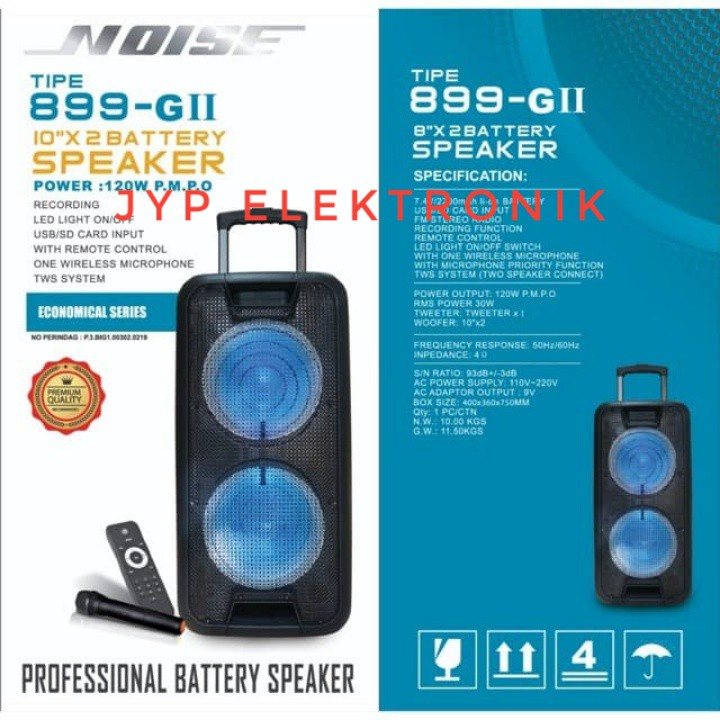 SPEAKER PORTABLE NOISE 899 GII FREE MIC WIRELESS 8 INCH X 2 DOUBLE