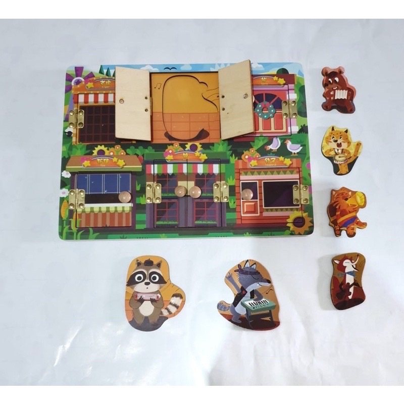 wooden chunky puzzle with door jingsaw kayu mainan edukasi anak