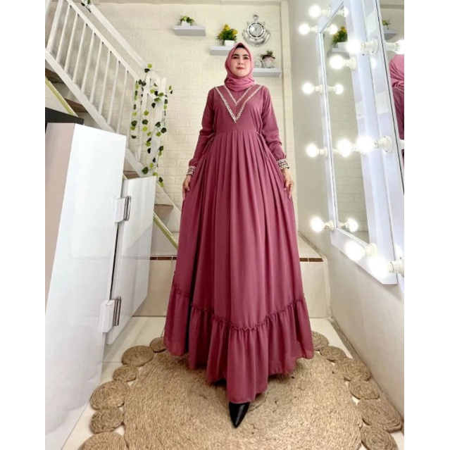 Renata Maxi Dress Polos Daily Gamis Kondangan Wanita Muslim Syari Busui Friendly Lengan Panjang Simp