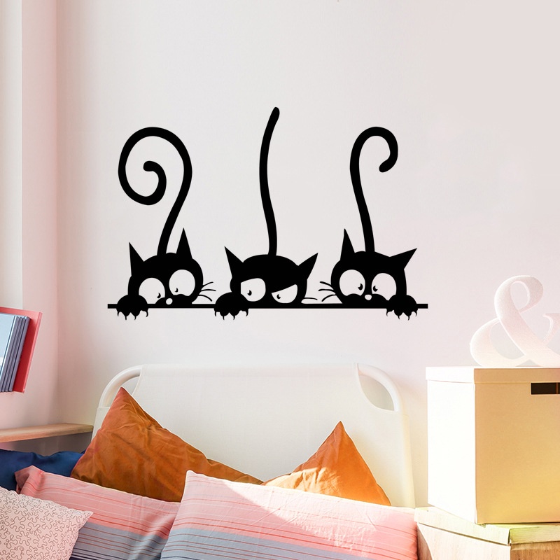 Stiker Dinding Bahan Vinyl Tahan Air Gambar Kucing Warna Hitam Untuk Dekorasi Rumah