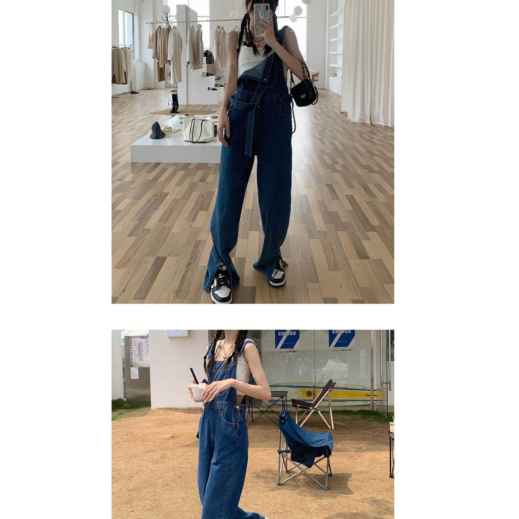 Suhao Baru keseluruhan slits slits vintage celana jeans wanita garis garam lurus kaki lebar jumpsuit