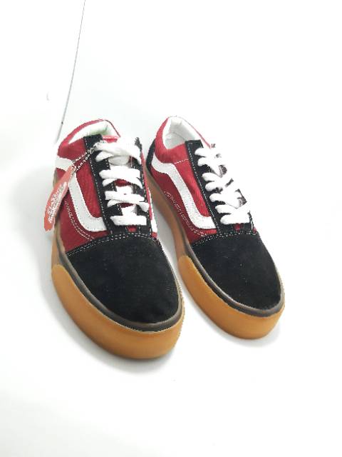Sepatu pria &amp; wanita vans oldskool classic black red suede kanvas