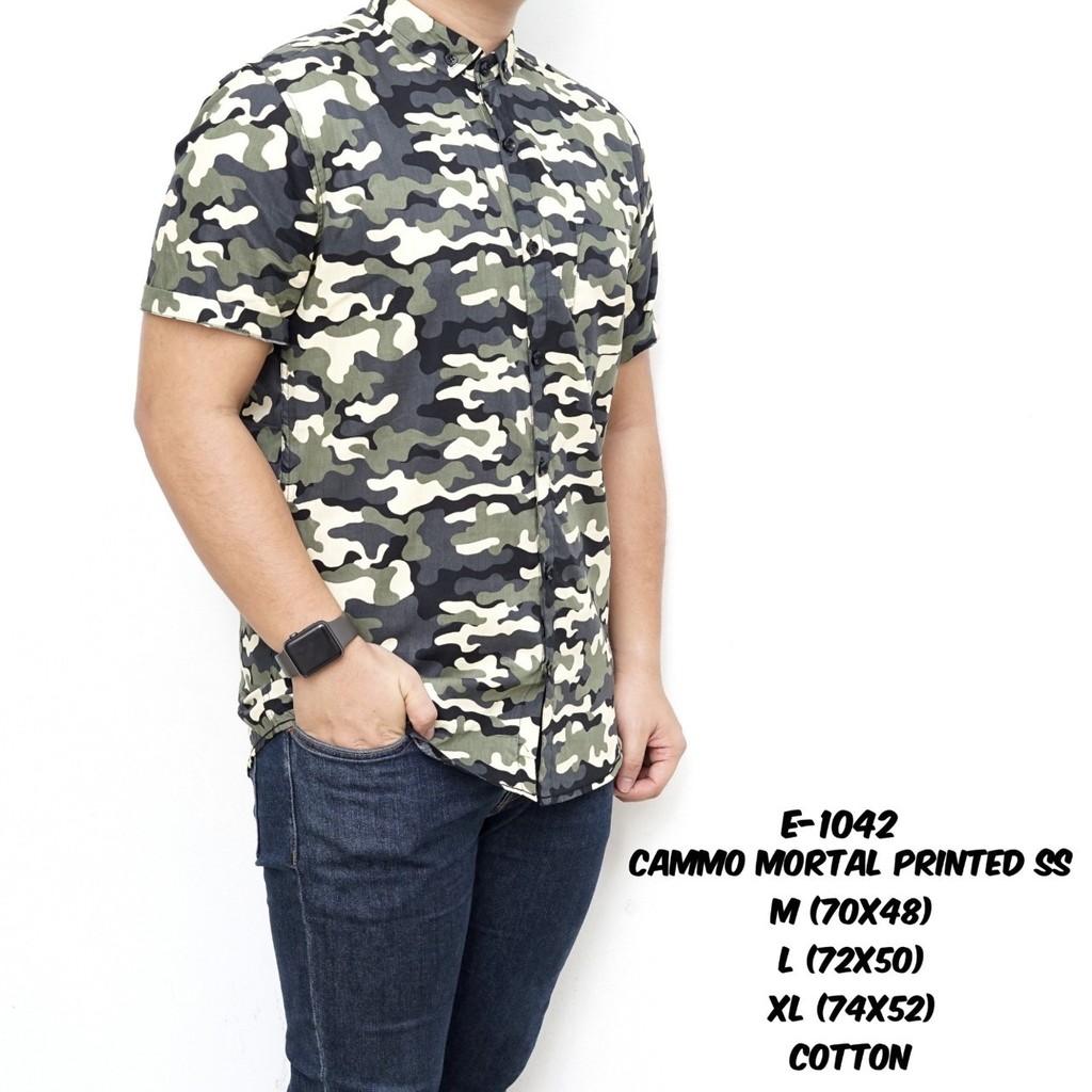 Halocloth E-1042 Baju Kemeja Lengan Pendek Motif Loreng Tentara Cowok Pria Murah Camo Mortal Printed