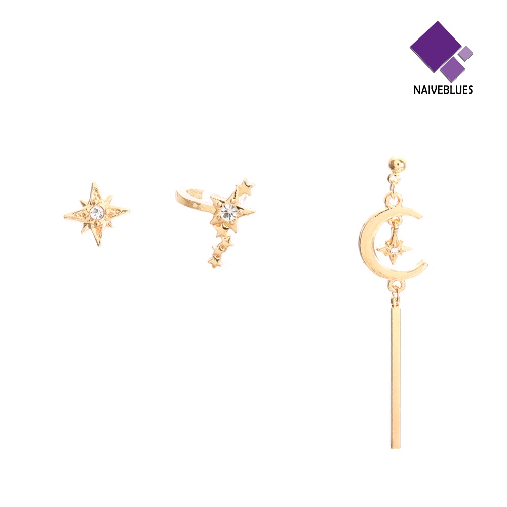 3pcs / Set Anting Stud Bentuk Bulan Bintang Aksen Berlian Imitasi Untuk Wanita