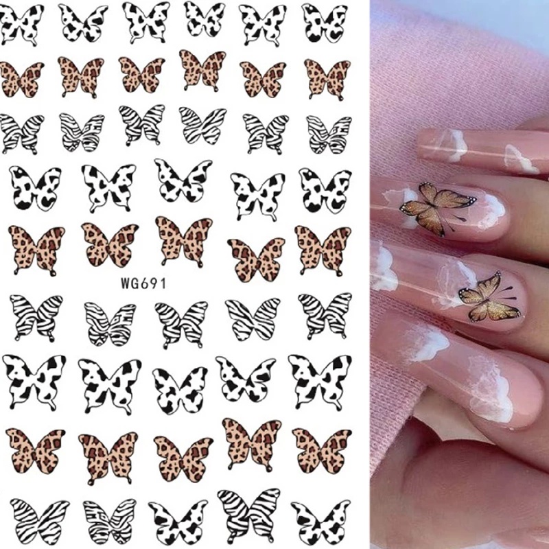 1 Lembar / Pak Stiker Kuku Transfer Air Motif Sapi / Kupu-Kupu / Geometri 3d Untuk Nail Art Diy