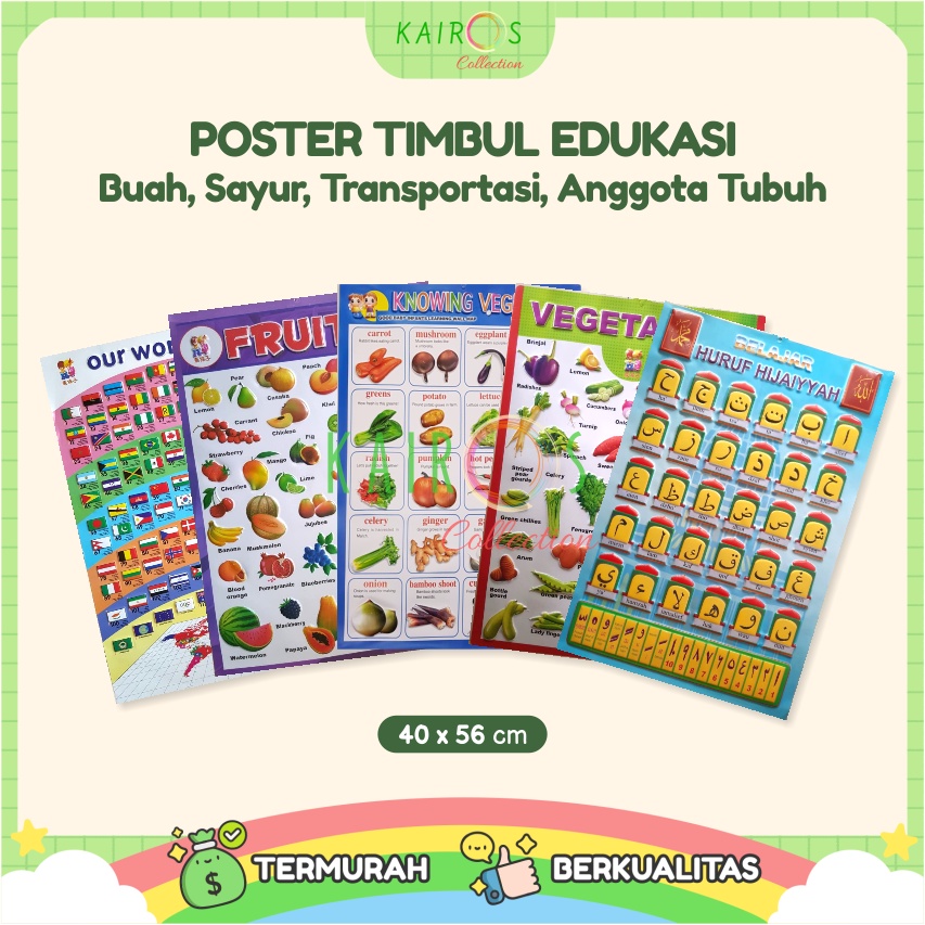 Poster Anak Timbul Belajar Anggota Tubuh, Hijaiyah, Transportasi, Bendera, Buah dan Sayur