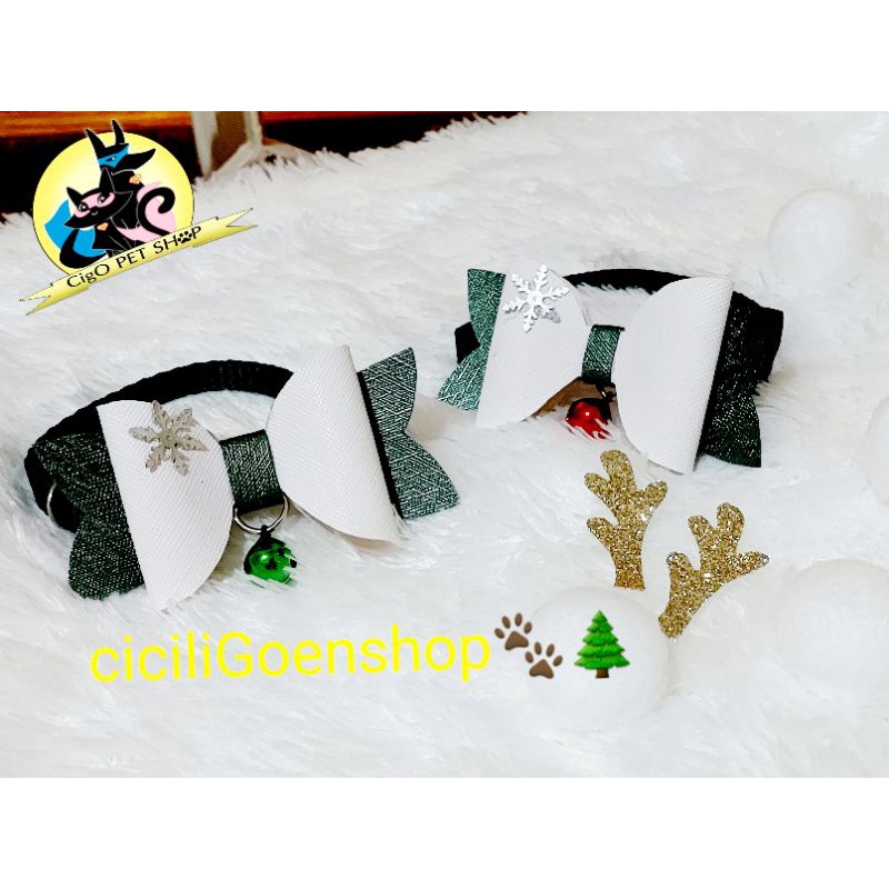 Green Premium bow Kalung lonceng edisi natal anjing kucing kelinci aksesoris pita