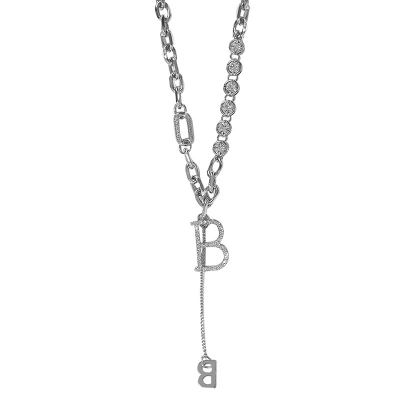 Fancyqube Kalung Rantai Klavikula Desain Huruf B Warna Silver Gaya Punk Untuk Aksesoris Sweater Wanita