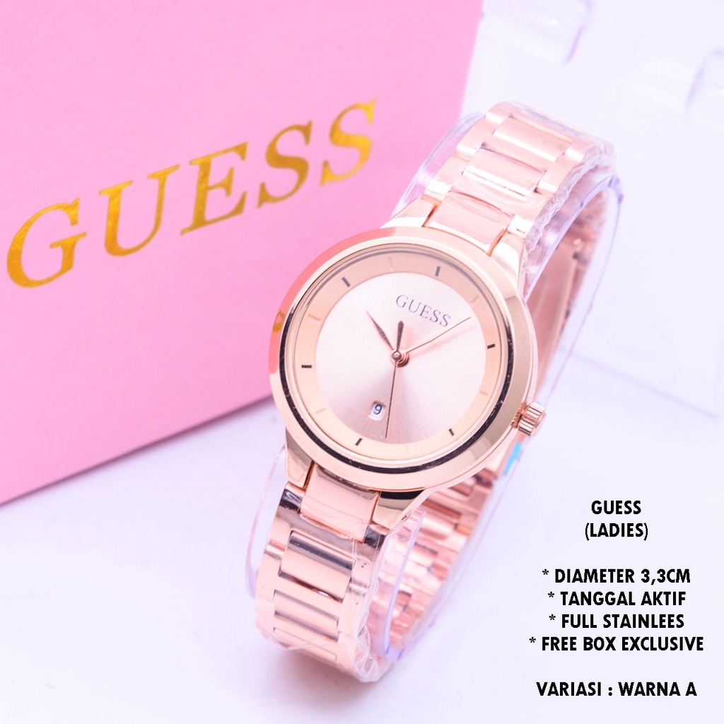 (FREE BOX) JAM TANGAN WANITA GUESS RANTAI BODY BULAT TANGGAL AKTIF