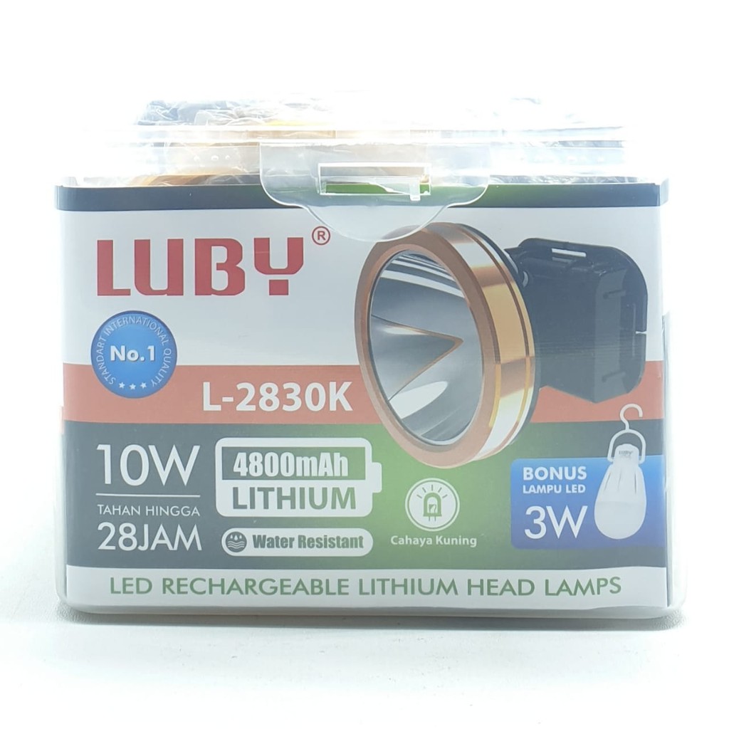 Luby L-2830K 10W WW Kuning Bodi JUMBO Senter Kepala Cahaya Kuning Lithium 4800mAh + Led 3W