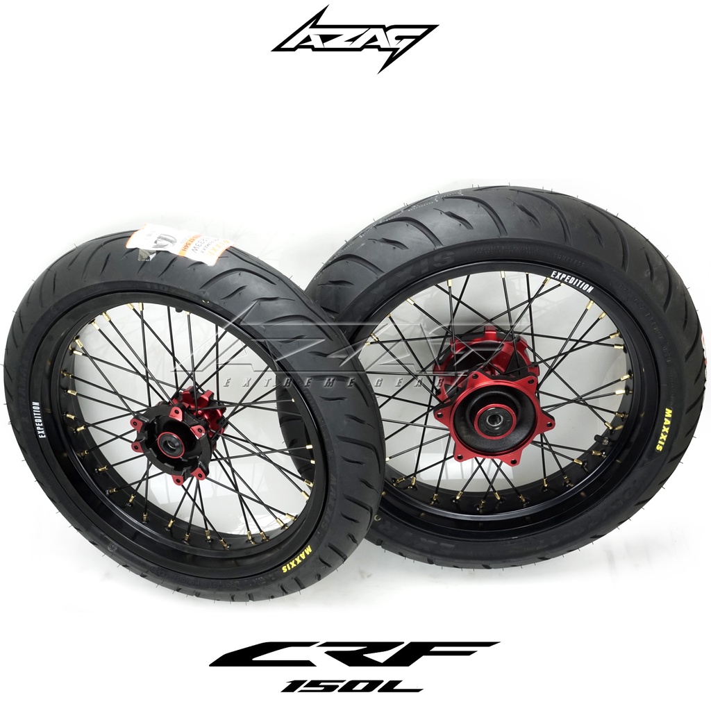BAN SET SUPERMOTO CRF 150L TROMOL SCARLET VELG EXPEDITION BAN MAXXIS TUBELESS