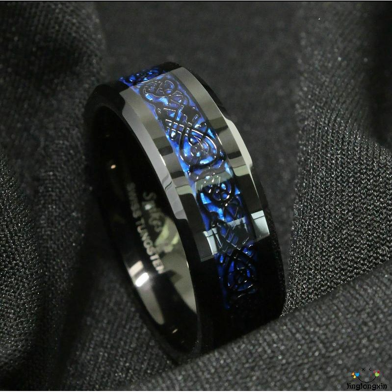 ✽UP✽Tungsten Carbide Ring Black Celtic Dragon Blue Carbon Fibre Wedding Jewelry