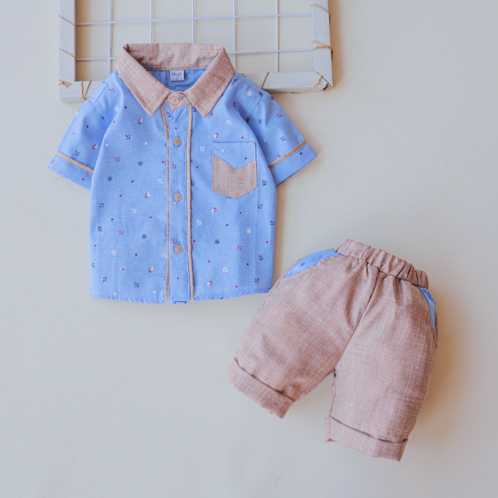 Nuna Store Setelan baju celana anak bayi Usia 6 bulan - 3 tahun IMK Motif Kemeja Kantong Coklat
