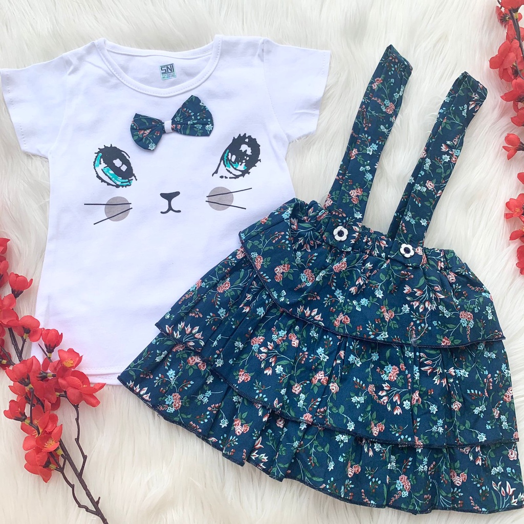 Baju setelan kaos overall dress motif bunga fashion anak bayi cewek perempuan baby girl murah -mii-Overall navy