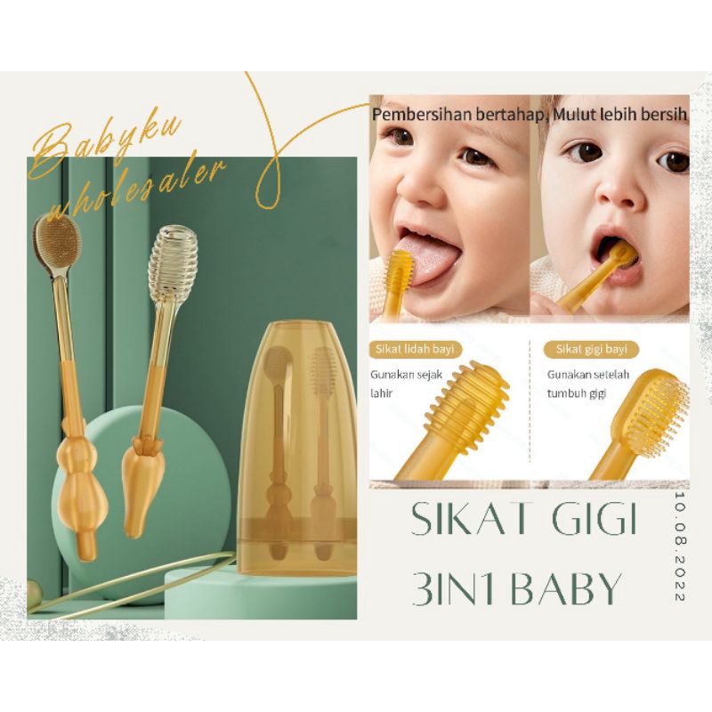 Sikat gigi lidah bayi silikon 3in1 kemasan kotak / baby toothbrush