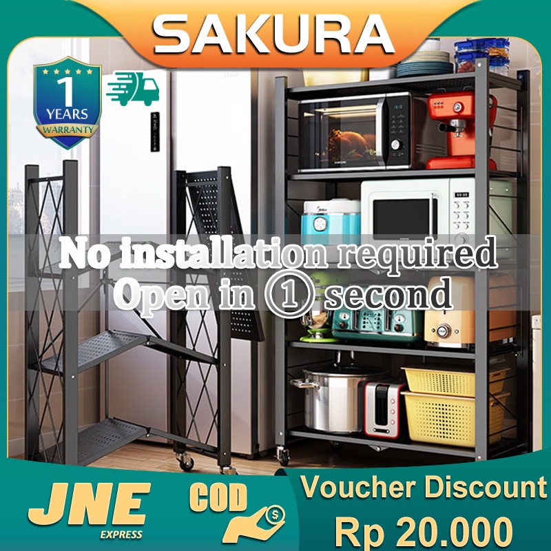 Weyon Sakura Rak Lipat Dapur Instalasi Gratis Satu Detik Terbuka Multi-Fungsi Rak Penyimpanan Hitam Tahan Air Ruang Tamu Rak Buku Serbaguna Dapur Microwave Piring Rak